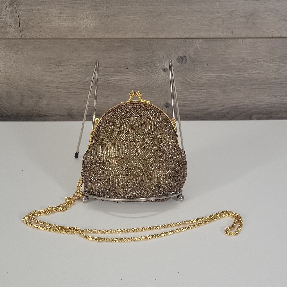 Jessica McClintock Gold Beaded Evening Clutch with Chain
